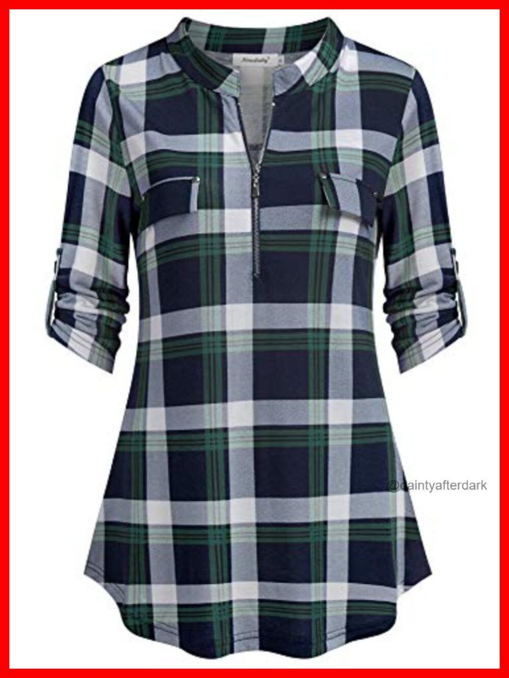 Womens Zip V-Neck Tunic Blouse Plaid 3/4 Sleeve Casual Top